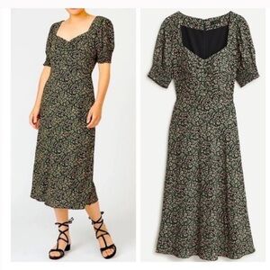 J. Crew Smocked Sleeve Midi Dress in Black Ditsy Pink Floral